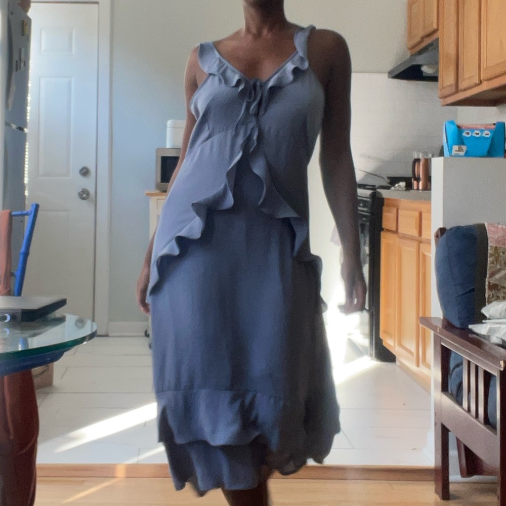 Doe & Rae Asymmetrical Gray Ruffle Dress